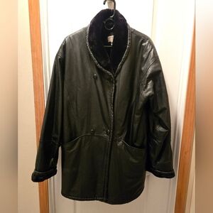 Vintage Charles Klein leather jacket coat women black faux fur Size L